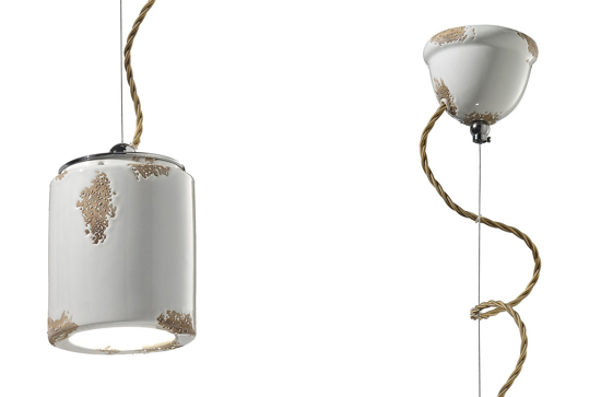 Picture of Vintage pendant light cylinder in glossy white ceramic and oxidized metal aged-effect retro style ferroluce
