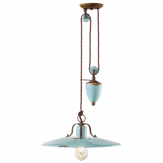 Picture of Ferroluce vintage pendant light with pulley ø40 azure aged-effect ceramic oxidized metal and fabric cable