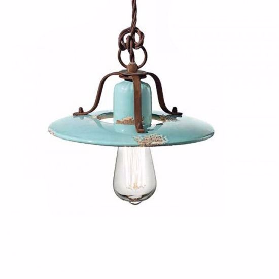 Picture of Ferroluce vintage pendant light with pulley ø40 azure aged-effect ceramic oxidized metal and fabric cable
