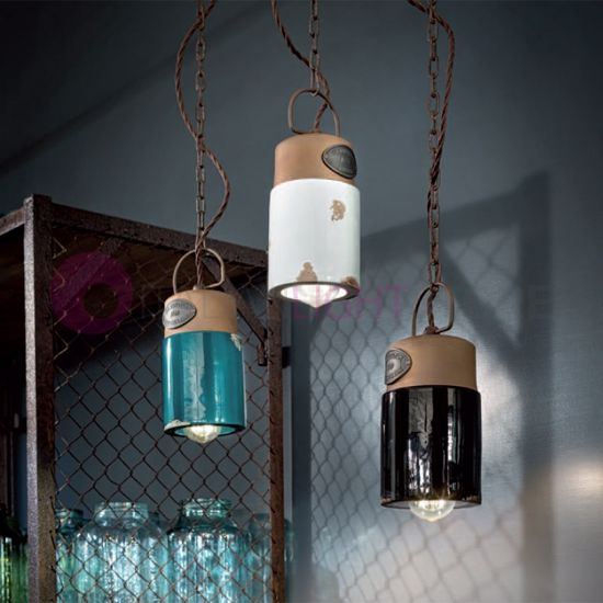 Picture of Vintage suspension emerald green ceramic aged-effect and oxidised details industrial design 
