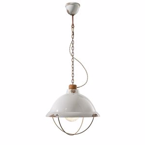 Picture of Ferroluce retro industrial pendant light for kitchen white aged-effect ceramic and oxidised details