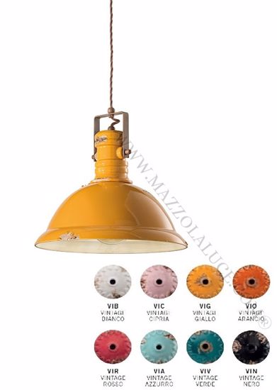 Picture of Ferroluce retro industrial pendant light yellow aged-effect ceramic fabric cable and metal details made in italy