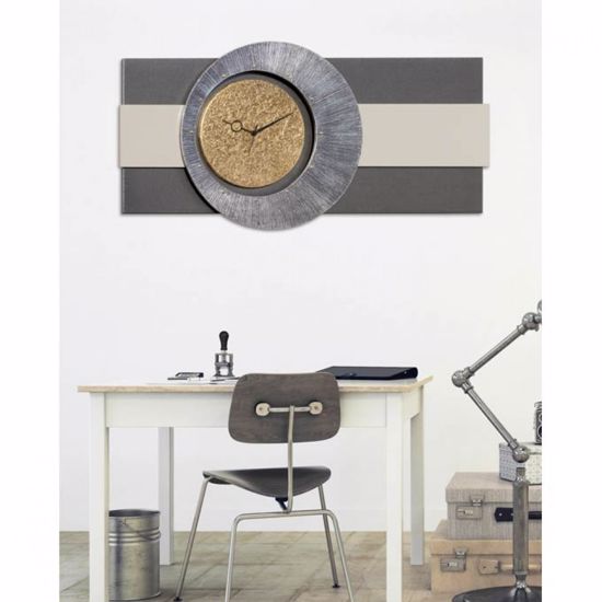 Picture of Pintdecor orione wall clock modern design anthracite canvas with hand-decorated with embossed silver and gold foil details