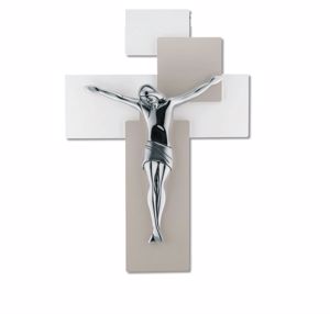 Picture of Modern wall cross 42x30 chromed christ on dovegrey and white mdf wood