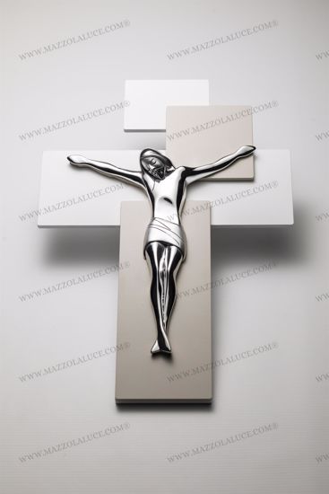 Picture of Modern wall cross 42x30 chromed christ on dovegrey and white mdf wood