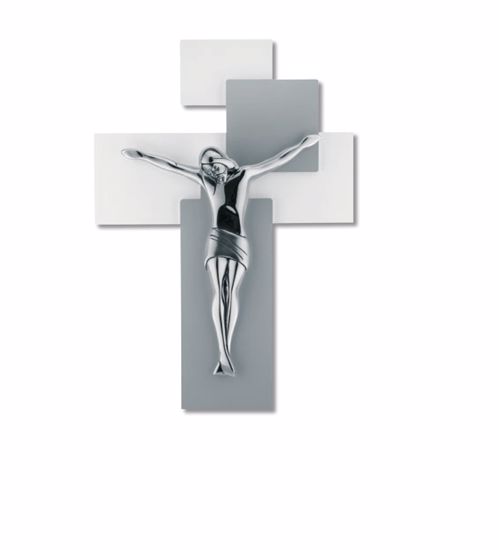Picture of Modern wall cross 60x40 chromed christ on grey and white mdf wood
