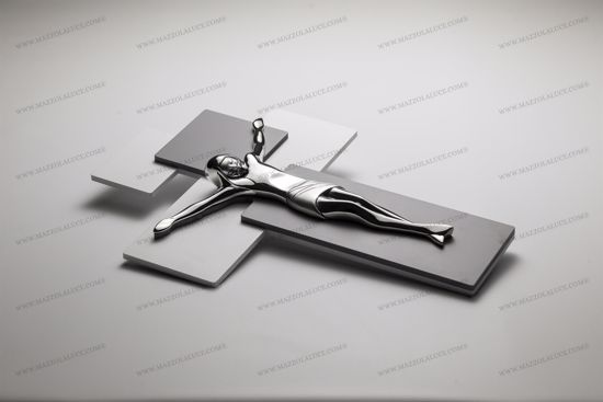 Picture of Modern wall cross 60x40 chromed christ on grey and white mdf wood