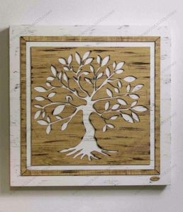 Picture of Quadro albero della vita 60x60 base tessuto sagoma legno tek