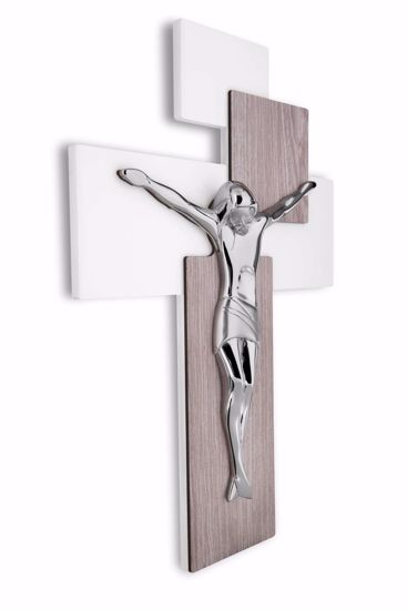 Picture of Modern wall cross 17x12 chromed christ on oak-white mdf wood