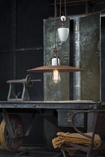 Picture of Vintage pendant light with pulley white crackle-effect ceramic and oxidised details ferroluce retro