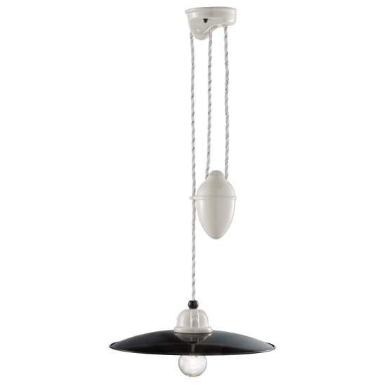 Picture of Vintage pendant light ø30 with pulley for kitchen white ceramic and black enamelled metal layer ferroluce