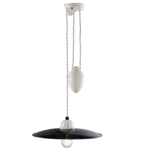 Picture of Retro pendant light ø35 with pulley for kitchen white ceramic and black metal diffuser
