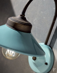 Picture of Ferroluce retro colors handmade azure ceramic wall light and arched oxydised metal arm made in italy