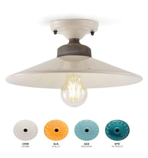Picture of Ferroluce colors vintage ceiling light in glossy cream enamelled ceramic layer and oxidised metal elements