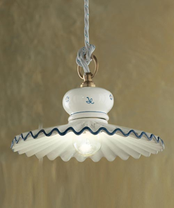 Picture of Ferroluce roma rustic suspension ø23 for kitchen azure hand decorated white ceramic and twisted fabric