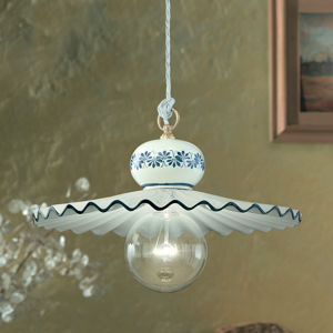 Picture of Ferroluce roma rustic pendant light ø41 white ceramic hand-decorated with azure outline