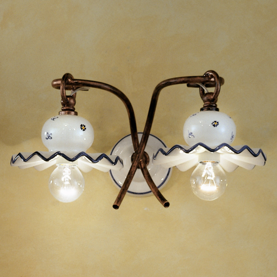Picture of Rustic wall light 2 bulbs glossy ceramic with blue decoration ferroluce roma