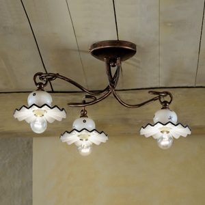 Picture of Rustic ceiling light 3 lamps wrought iron and hand-decorated ceramic ferroluce roma