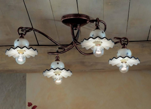 Picture of Ferroluce roma rustic ceiling light 4 lamps wrought iron and hand-decorated ceramic