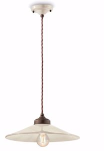 Picture of Ferroluce colors vintage pendant light glossy cream ceramic oxidised metal elements and fabric twisted cable