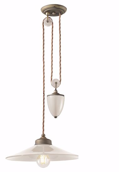 Picture of Ferroluce colors retro pendant light with pulley cream ceramic metal elements and fabric twisted cable