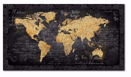 Picture of Wall artwork world map print on canvas with shiny black frame 140x70
