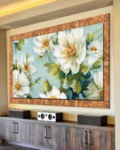 Picture of Wall artwork white flowers canvas print with gold frame 140x70