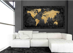 Picture of Manie wall art work world map faux leather black frame 40x70