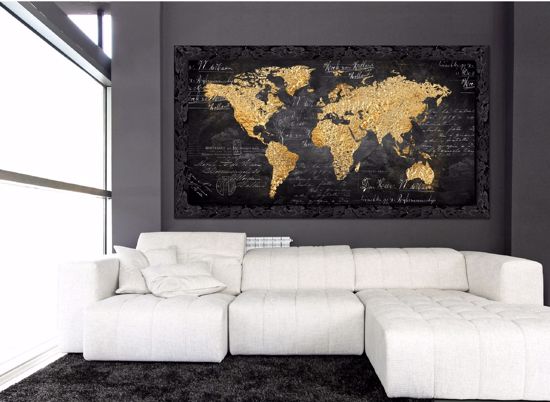 Picture of Wall artwork world map print on canvas with shiny black frame 100x50