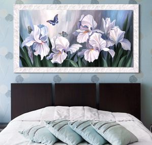 Picture of Wall artwork modern white flowers and butterflies 100x50 canvas print with frame