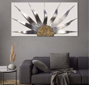 Picture of Pintdecor solar storm silver modern wall art hand-decorated ivory canvas with silver and gold foil details