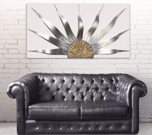Picture of Pintdecor solar storm silver modern wall art hand-decorated ivory canvas with silver and gold foil details