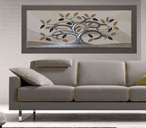 Quadro albero della vita artigianale 155x65 tortora argento per soggiorno