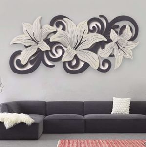 Artitalia art above bed sinous flowers ii in 3d relief with silver leaf decorations 155x65