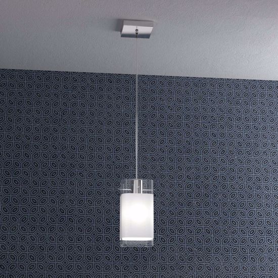 Modern pendant light above kitchen island glass cube square shape