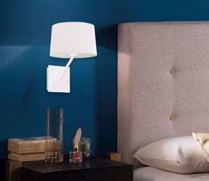 Bedside wall lamp for bedroom modern design white metal and fabric shade