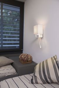 Faro vesper white bedside led wall lamp with beige shade