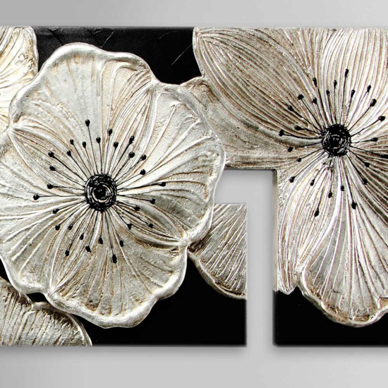 Pintdecor petunia argento big wall art 197x65 hand-decorated with resin and silver foil